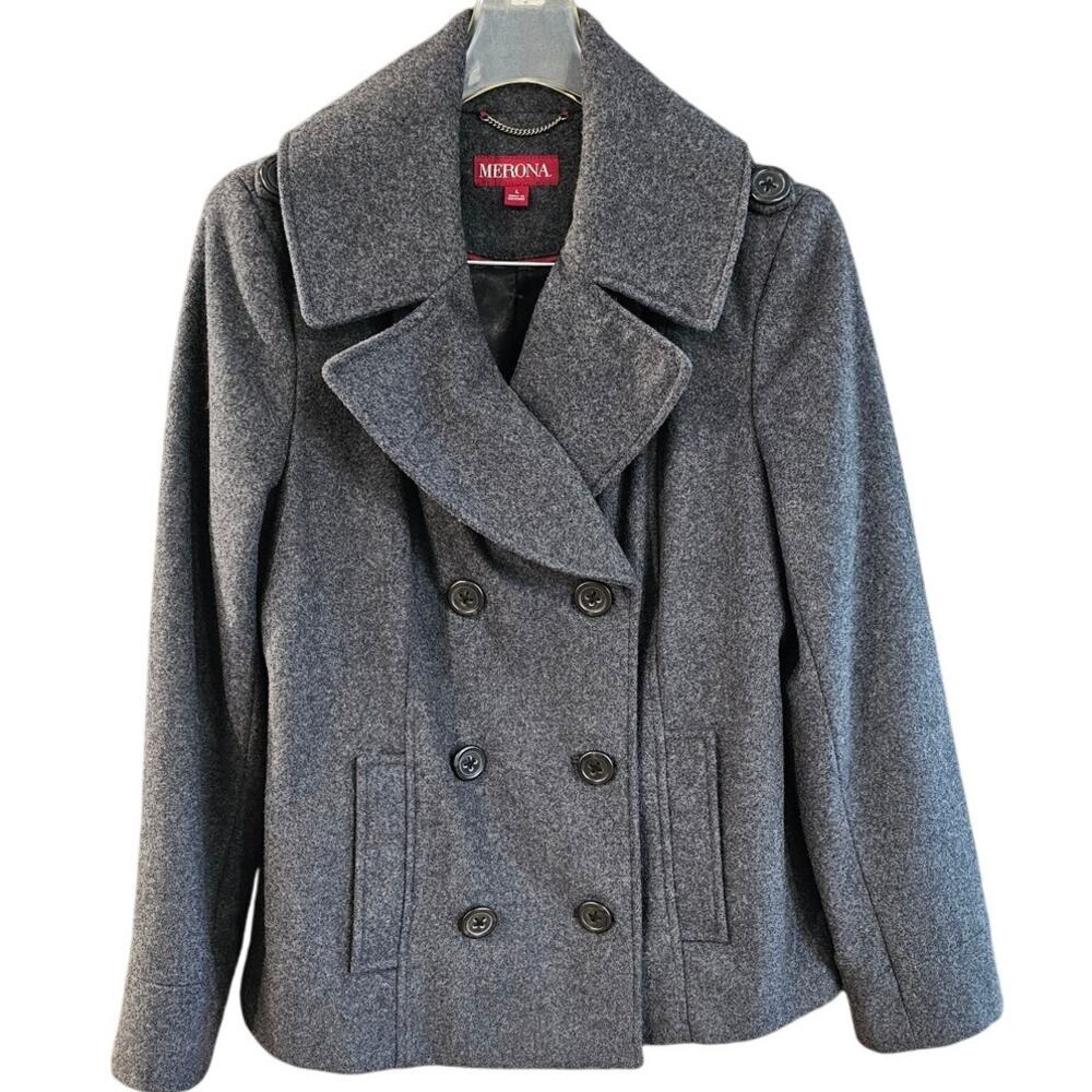 Womens Double Breasted Peacoat Wool Blend Jacket/Coat Charcoal Gray Size Large